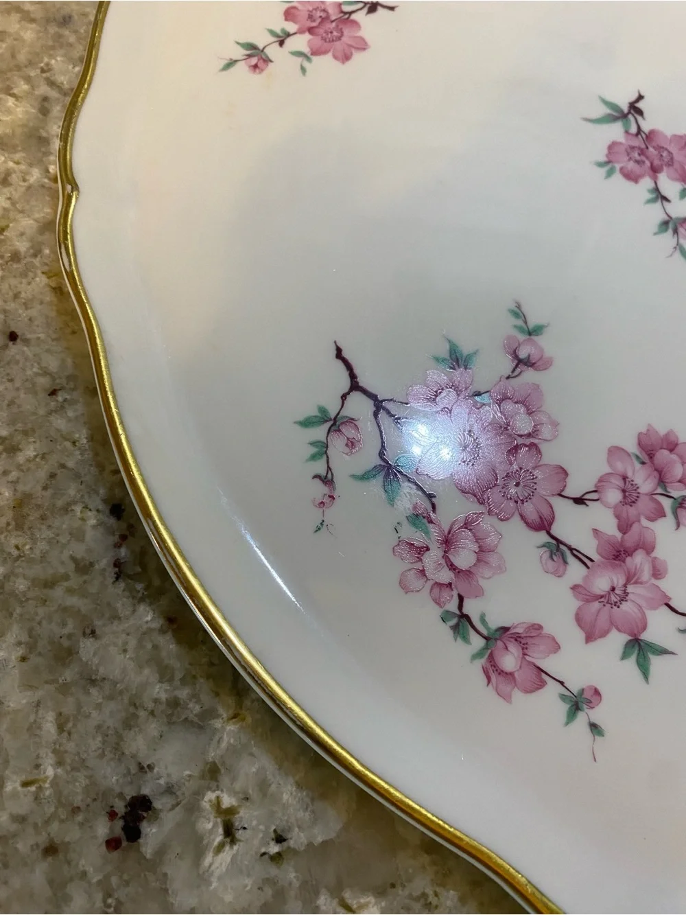 Porcelain Cake Stand with Pink Floral Motif and Gold Trim 13 & 1/2” tiny mark on - Picture 2 of 4